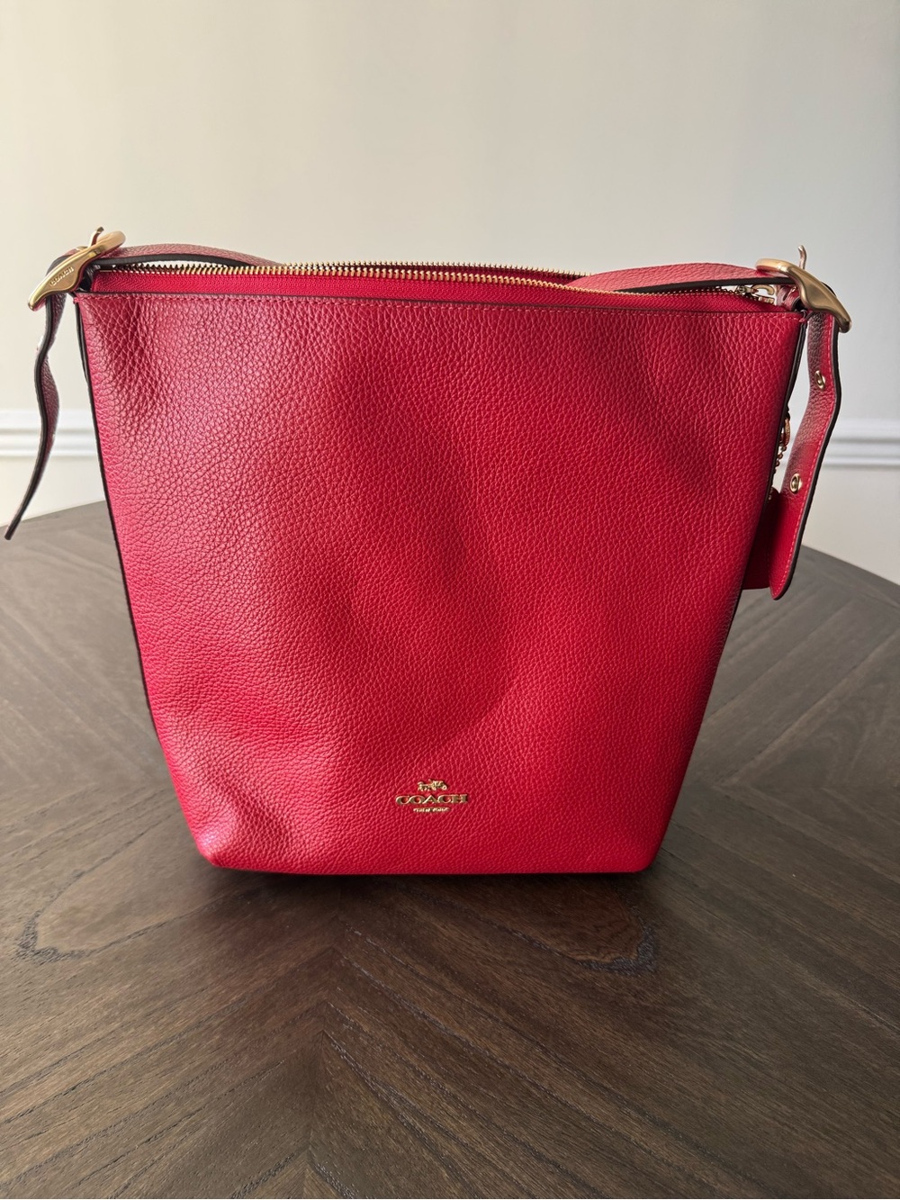 Coach Red Pebbled Leather Shoulder Bucket Bag with Gold Hardware